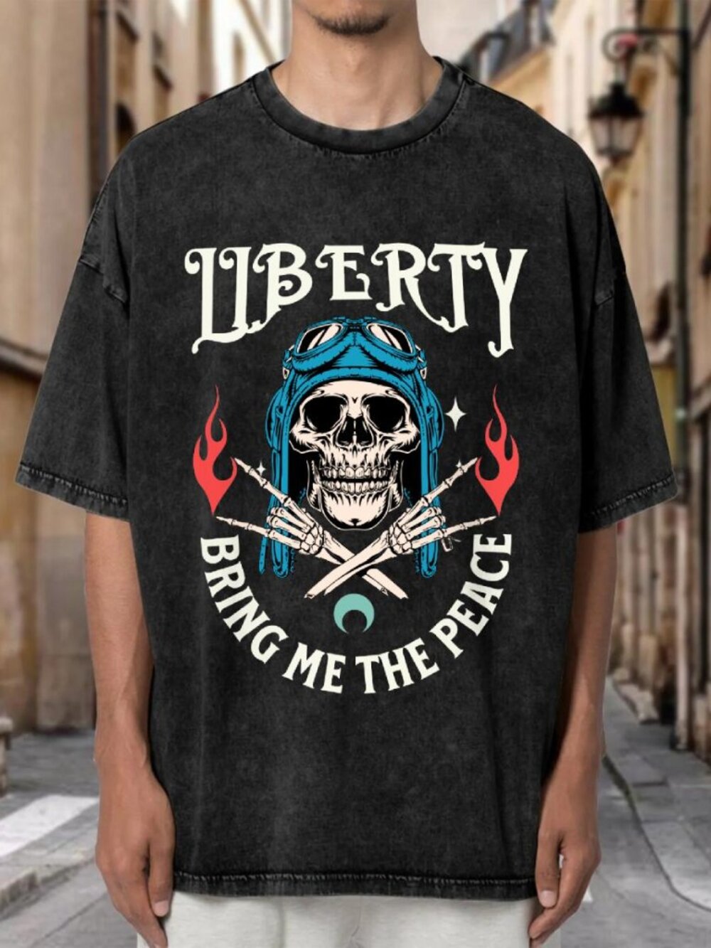 Vintage Wash Liberty Skull Aviator Graphic Oversized Tee GPVO7EEIVK01